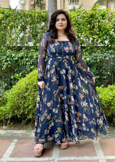 Dark Blue Floral Chiffon Anarkali With Dupatta | Heavy flare